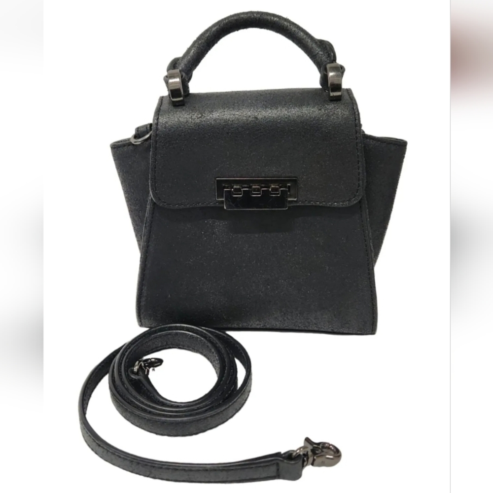 ZAC POSEN Eartha Iconic Mini Top Handle Black Suede Leather Crossbody Bag